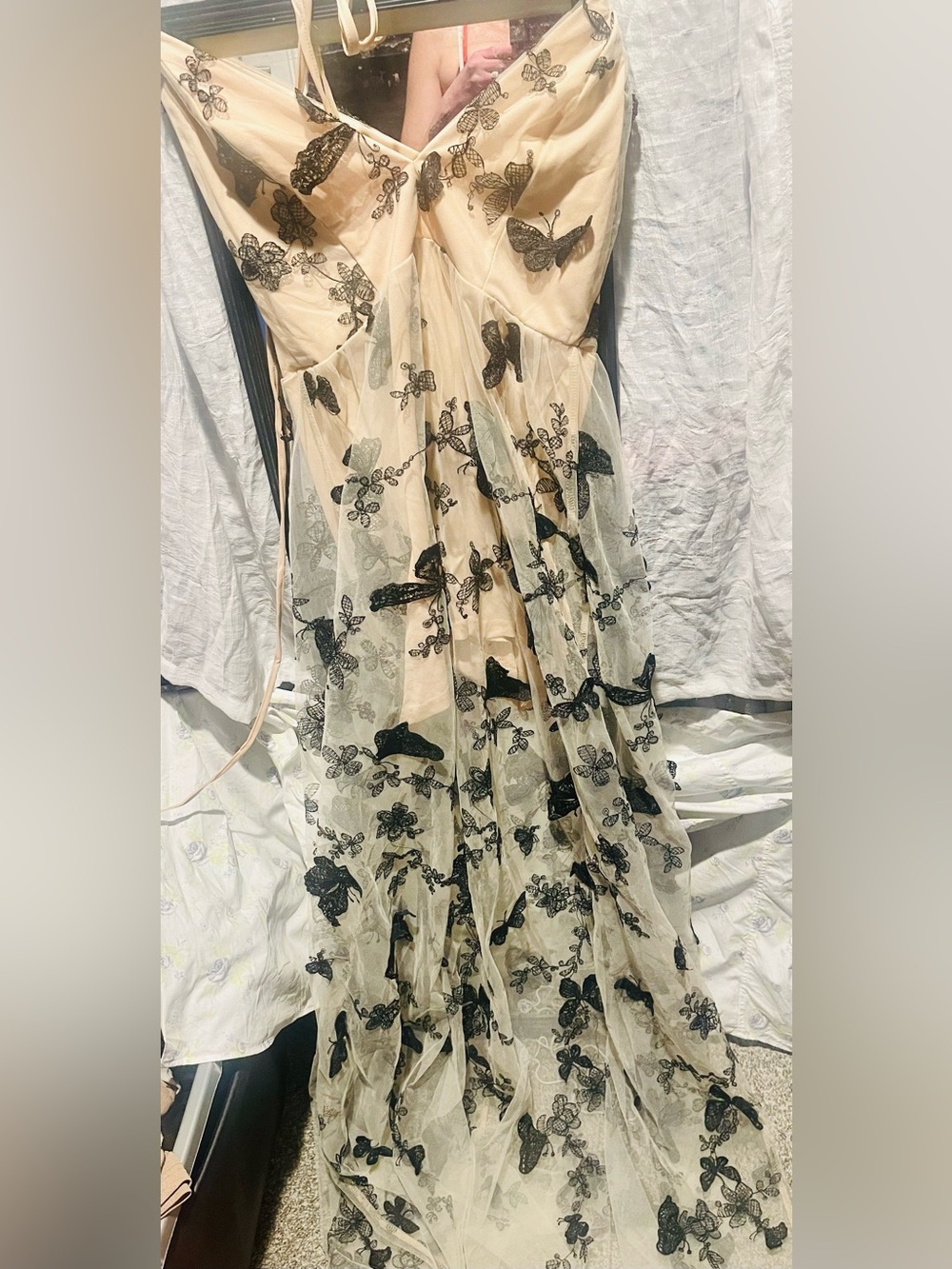Sheer Butterfly Embroidered Cream Dress with Black Detail